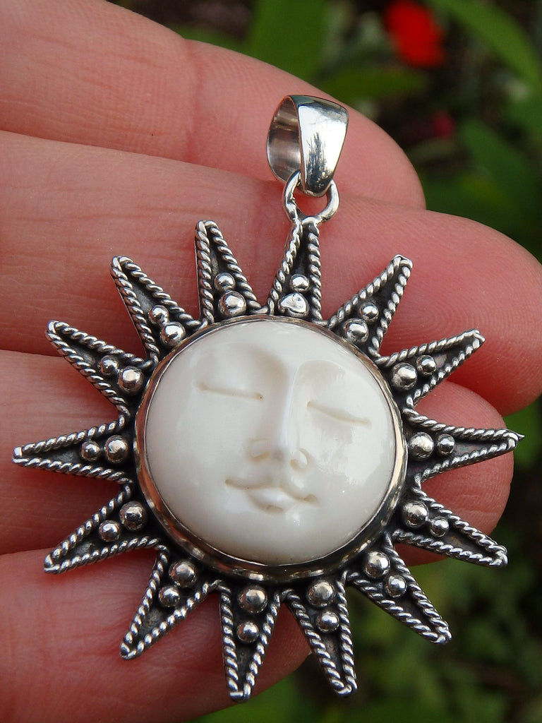 Sleeping Sun Bone Face Pendant in Sterling Silver (Includes Silver Chain) - Earth Family Crystals
