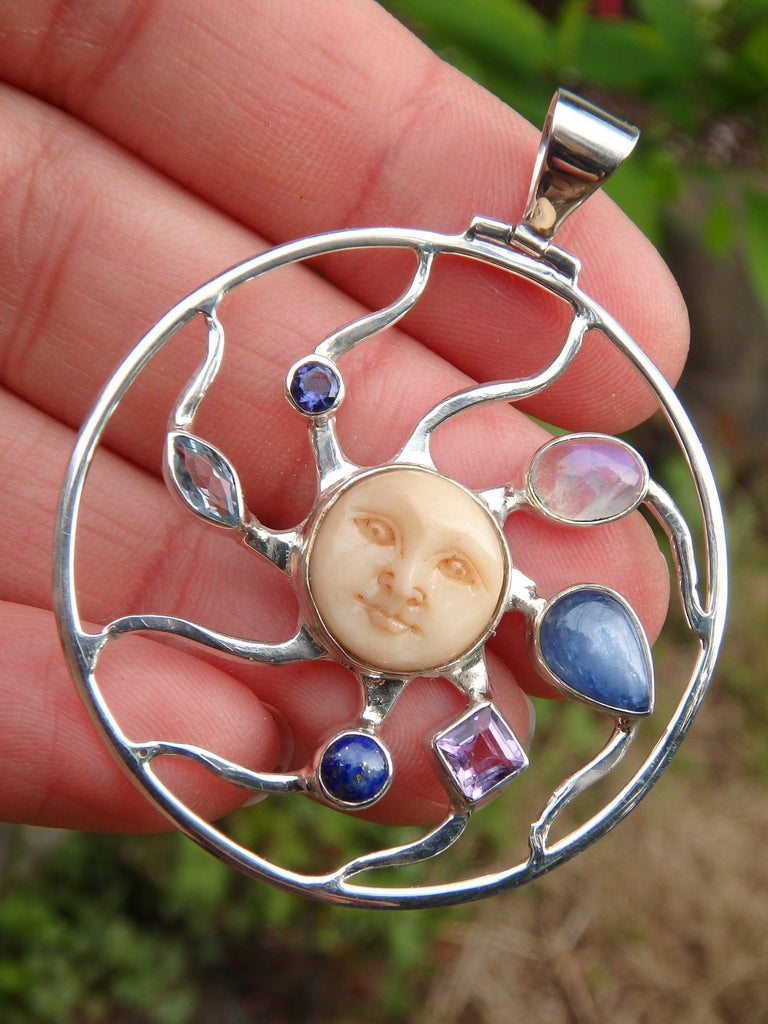 Rainbow Moonstone, Kyanite, Amethyst, Lapis Lazuli, Blue Topaz & Iolite Bone Face Pendant in Sterling Silver (Includes Silver Chain) - Earth Family Crystals