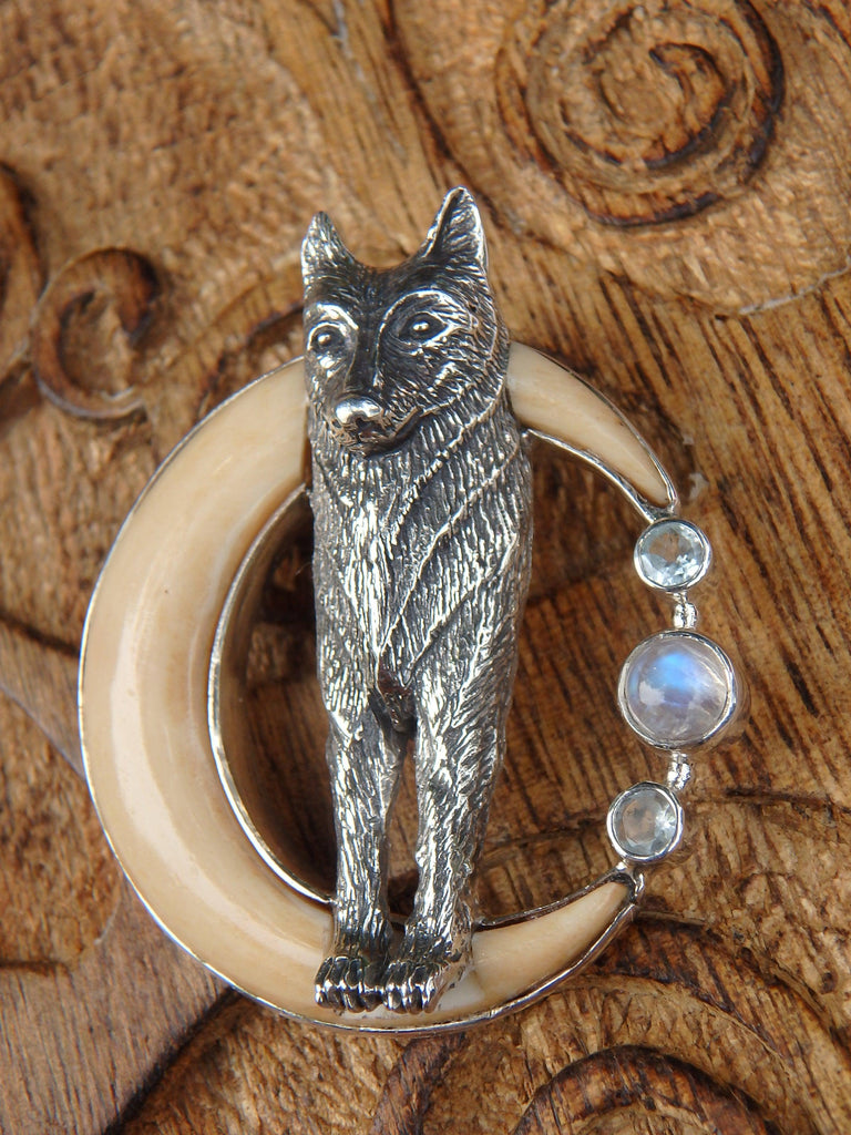 Rainbow Moonstone & Faceted Blue Topaz Wolf & Crescent Moon Bone Pendant in Sterling Silver (Includes Silver Chain) - Earth Family Crystals