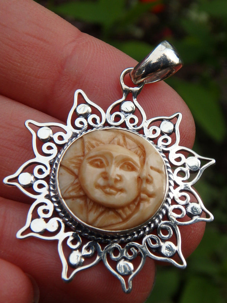 Golden Moon & Sun Bone Face Pendant in Sterling Silver (Includes Silver Chain) - Earth Family Crystals