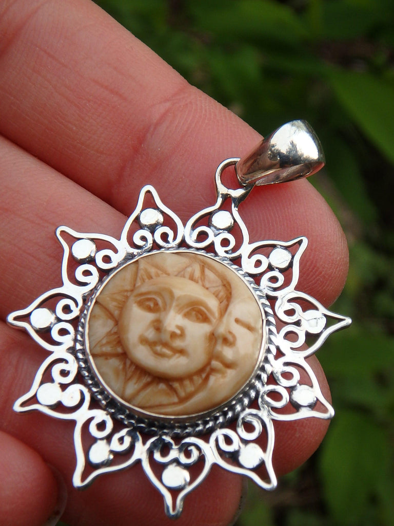 Golden Moon & Sun Bone Face Pendant in Sterling Silver (Includes Silver Chain) - Earth Family Crystals