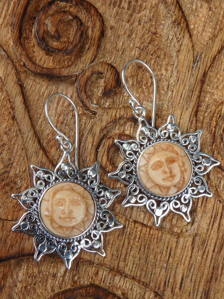 Golden Crescent Moon & Sun Bone Earrings in Sterling Silver - Earth Family Crystals