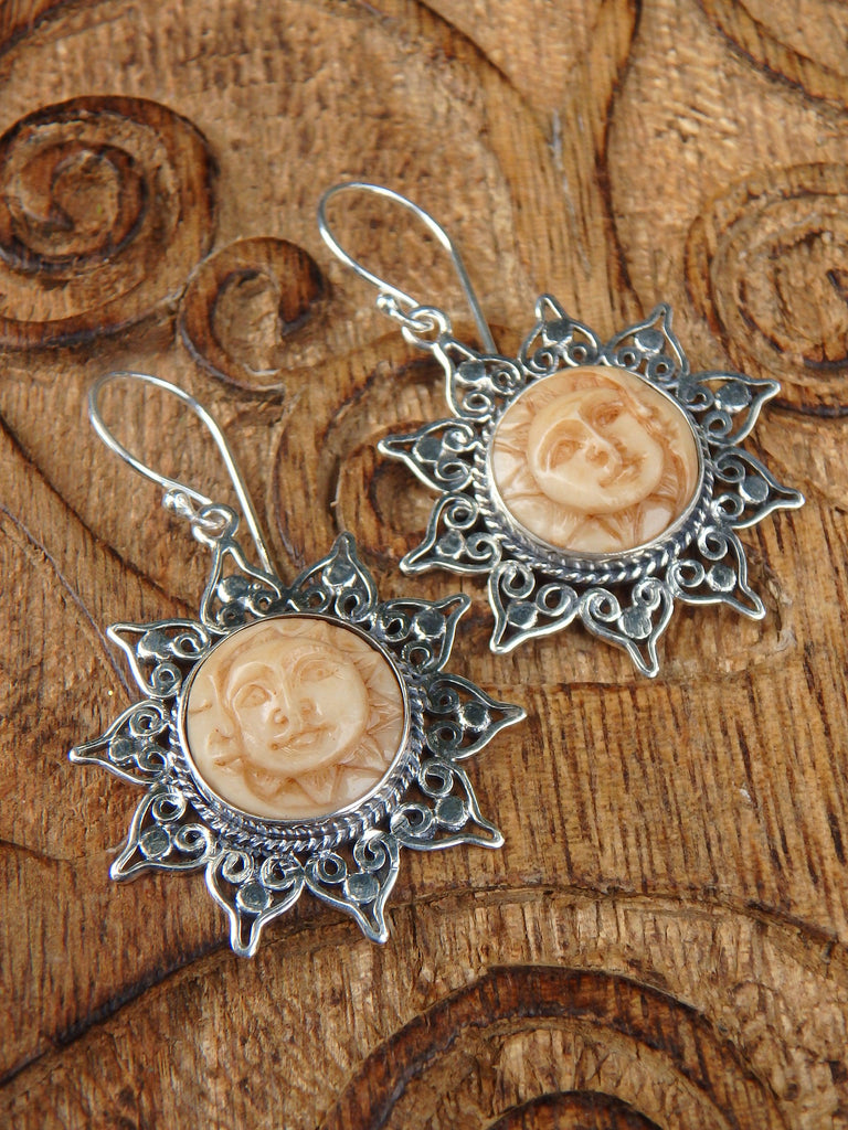 Golden Crescent Moon & Sun Bone Earrings in Sterling Silver - Earth Family Crystals