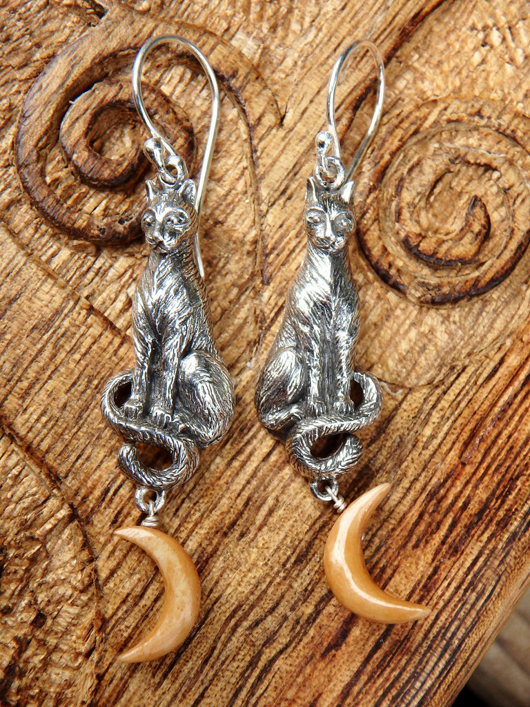 Cat & Golden Crescent Moon Earrings in Sterling Silver - Earth Family Crystals