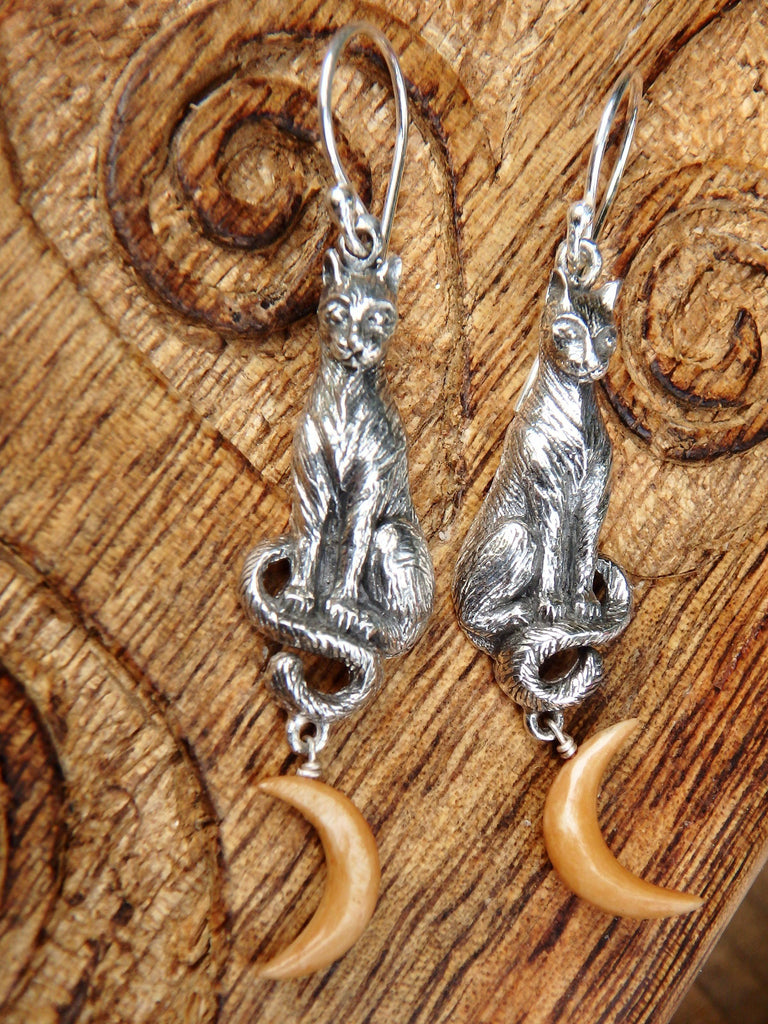 Cat & Golden Crescent Moon Earrings in Sterling Silver - Earth Family Crystals