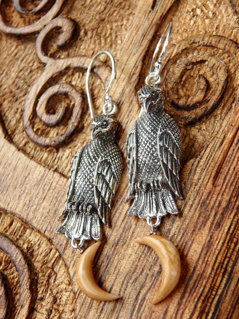 Raven & Golden Crescent Moon Earrings in Sterling Silver - Earth Family Crystals