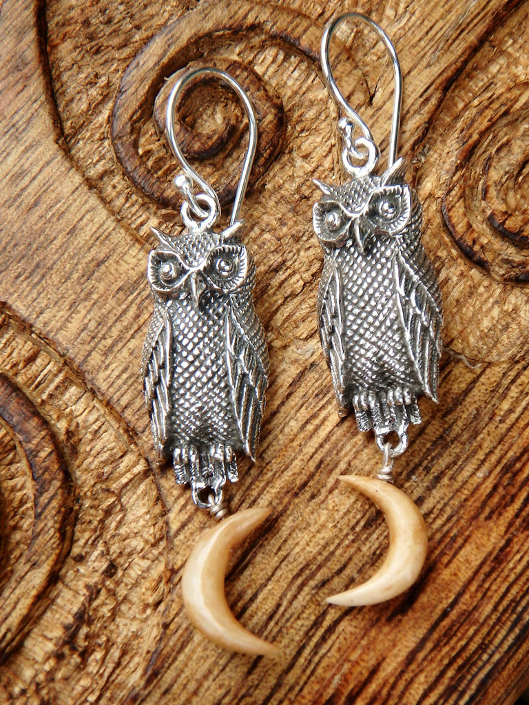 Owl & Golden Crescent Moon Earrings in Sterling Silver - Earth Family Crystals