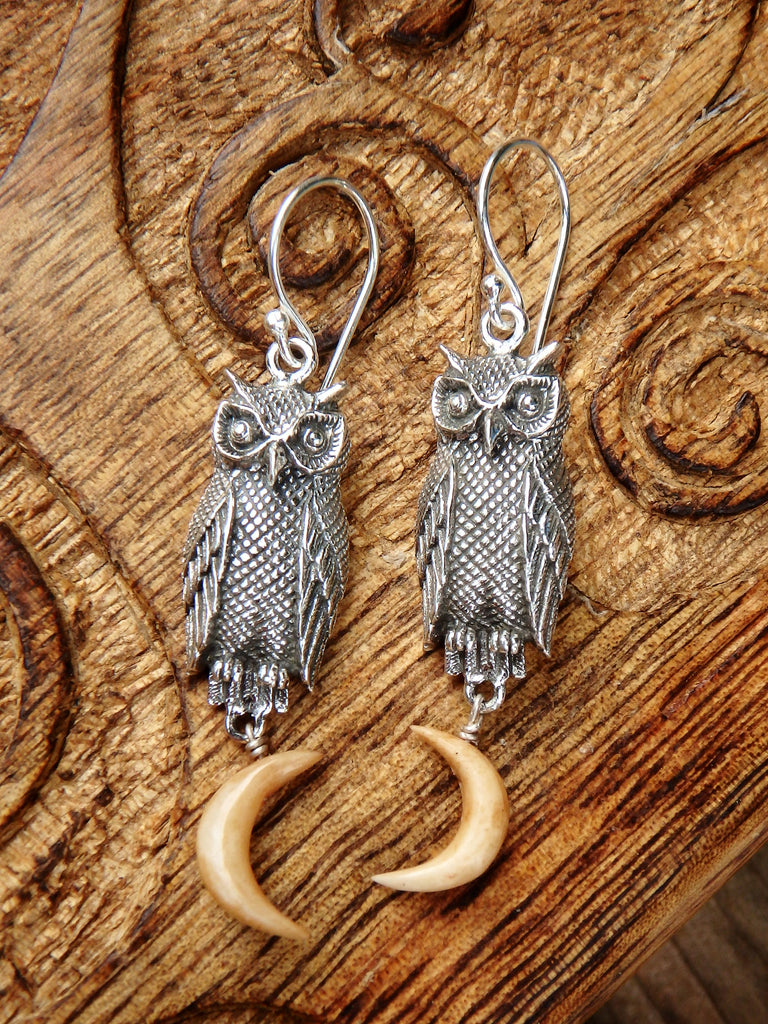 Owl & Golden Crescent Moon Earrings in Sterling Silver - Earth Family Crystals