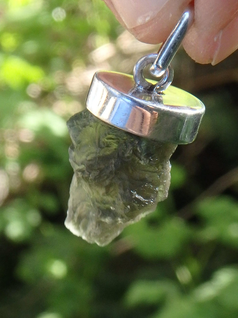 Floating Raw Deep Green Genuine Moldavite Pendant In Sterling Silver (Includes Silver Chain)1 - Earth Family Crystals