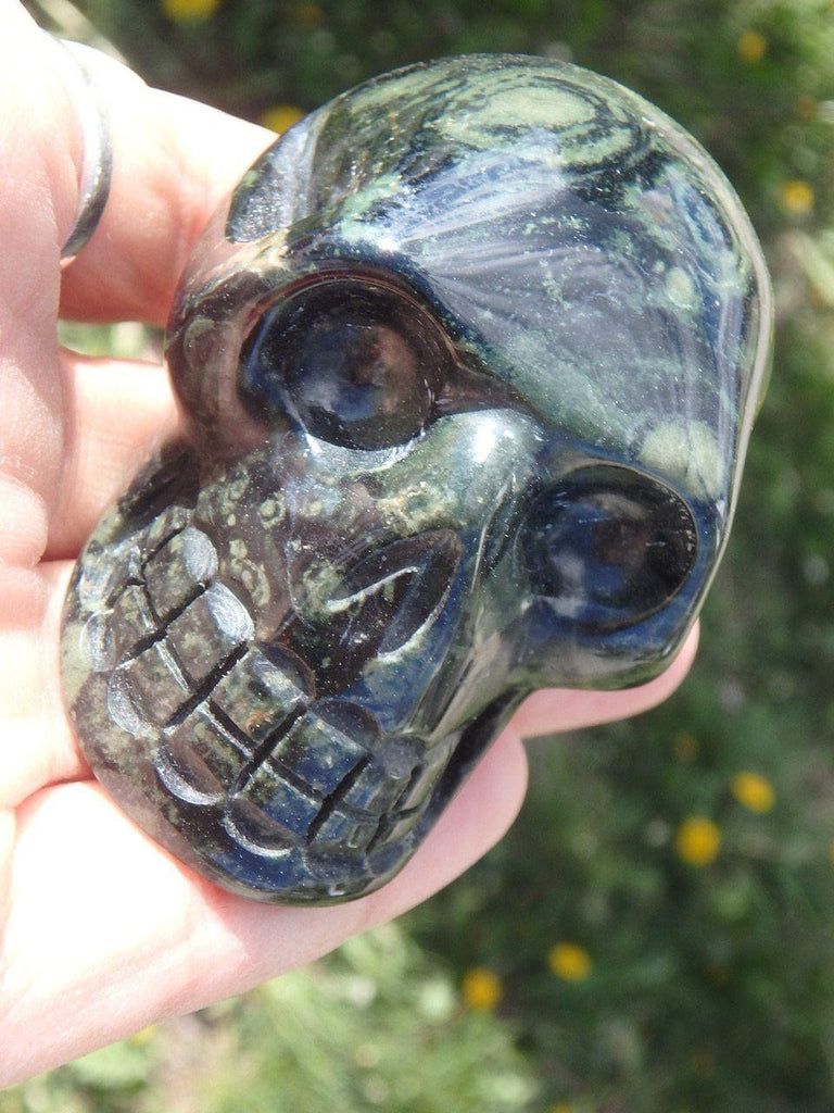 Green Orb Loaded KAMBABA JASPER SKULL CARVING - Earth Family Crystals