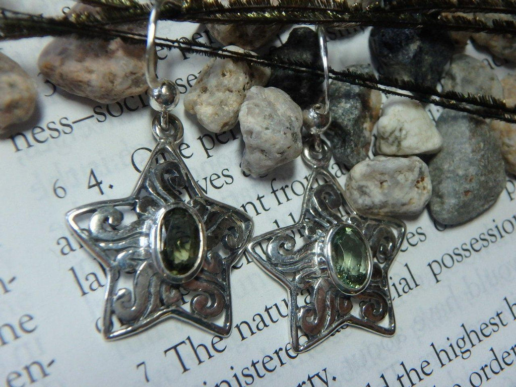 Custom Crafted Faceted MOLDAVITE STAR EARRINGS In Sterling Silver - Earth Family Crystals
