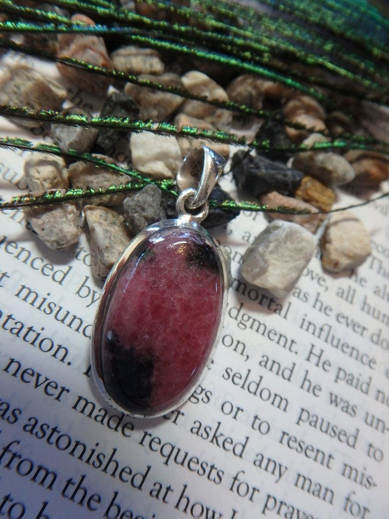 Pretty Contrast! Pink RHODONITE GEMSTONE PENDANT In Sterling Silver (Includes Silver Chain) - Earth Family Crystals