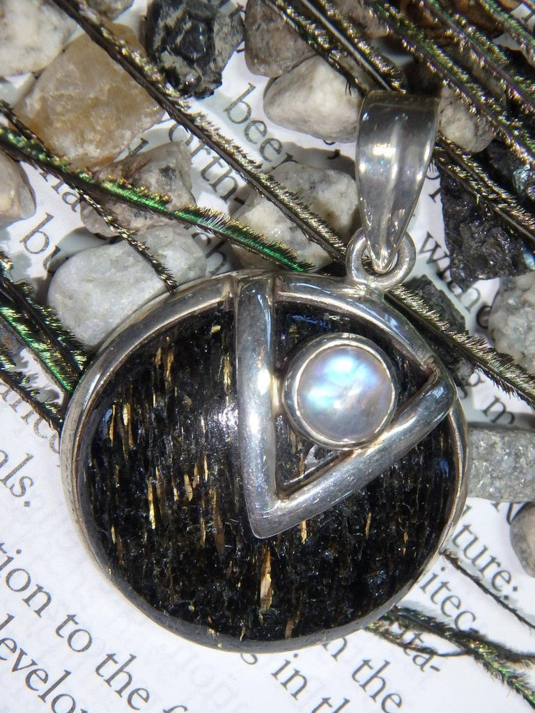 Power Combo! RAINBOW MOONSTONE & Golden Flash Greenland NUUMMITE GEMSTONE PENDANT In Sterling Silver (Includes Silver Chain)* - Earth Family Crystals