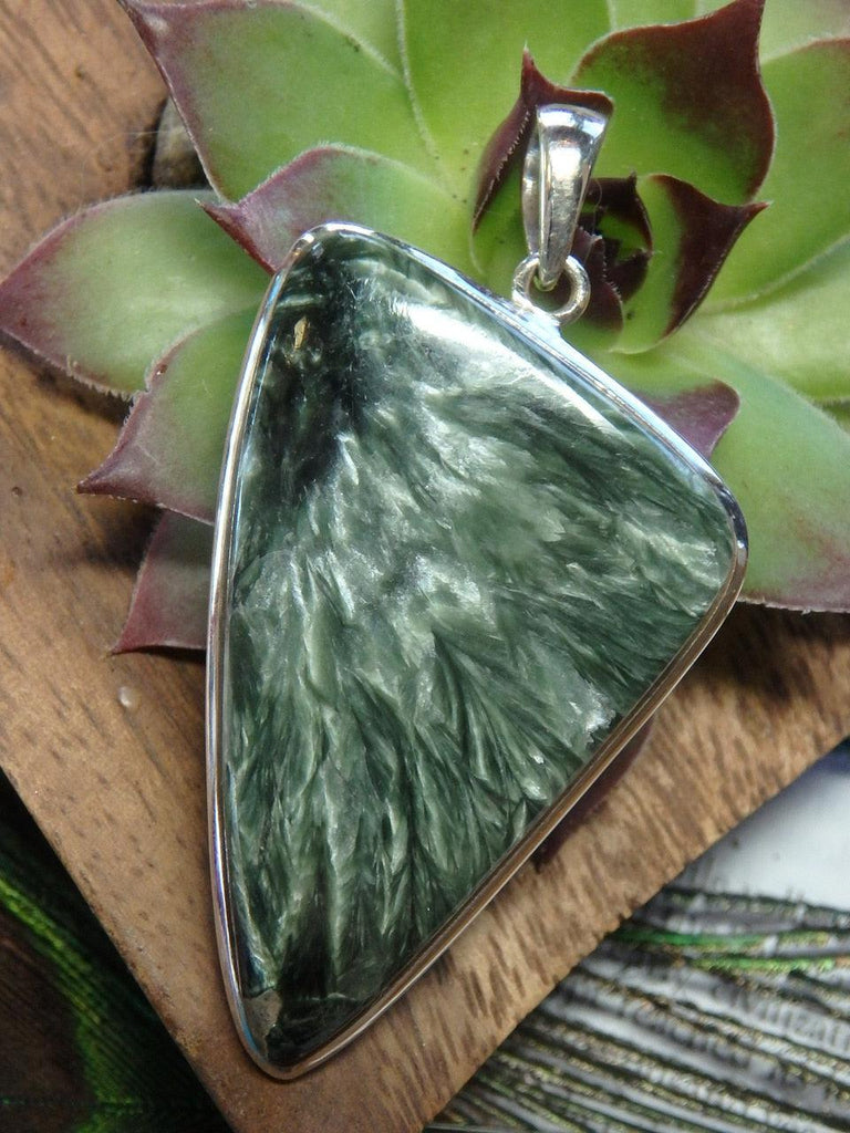 Opal Angel Wings & Forest Green Large SERAPHINITE GEMSTONE PENDANT In Sterling Silver (Includes Free Silver Chain) - Earth Family Crystals