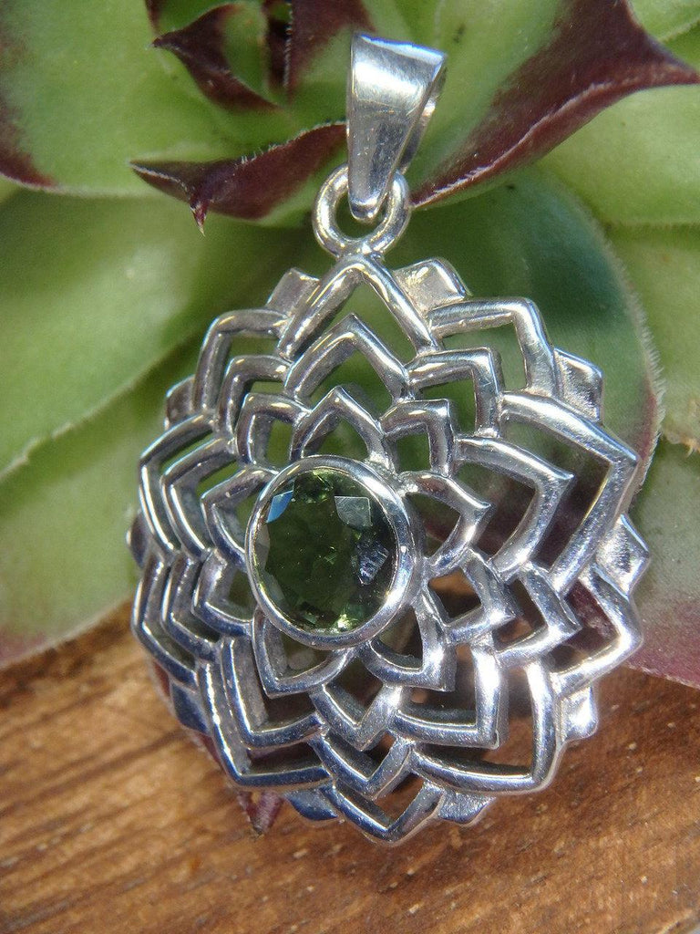 High Vibration Faceted Green MOLDAVITE LOTUS FLOWER PENDANT In Sterling Silver (Includes Silver Chain) - Earth Family Crystals