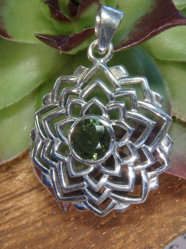 High Vibration Faceted Green MOLDAVITE LOTUS FLOWER PENDANT In Sterling Silver (Includes Silver Chain) - Earth Family Crystals