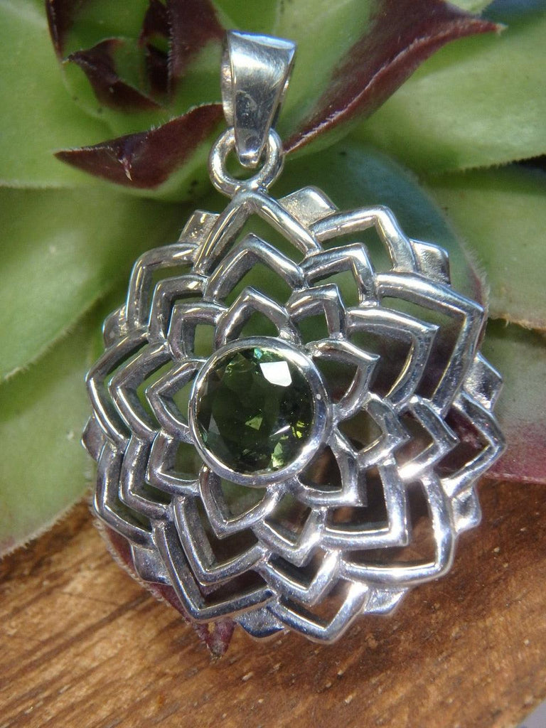 High Vibration Faceted Green MOLDAVITE LOTUS FLOWER PENDANT In Sterling Silver (Includes Silver Chain) - Earth Family Crystals