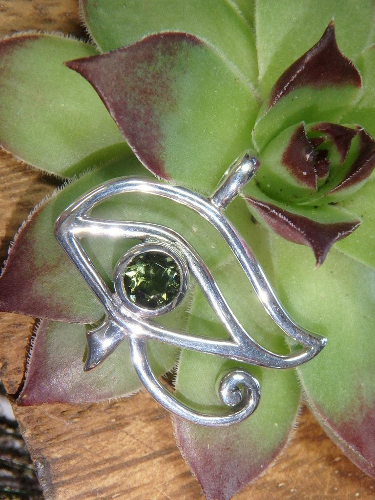 High Vibration Faceted MOLDAVITE EYE OF HORUS GEMSTONE PENDANT In Sterling Silver (Includes Silver Chain) - Earth Family Crystals