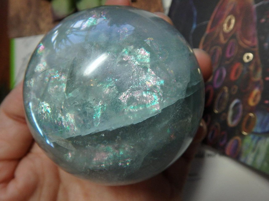 Rainbow Shimmer GREEN FLUORITE SPHERE - Earth Family Crystals