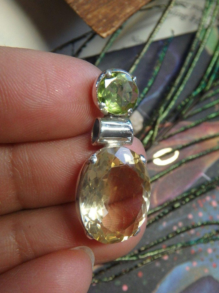 Brilliant Abundance Combo! Faceted CITRINE & PERIDOT GEMSTONE PENDANT In Sterling Silver (Includes Silver Chain) REDUCED - Earth Family Crystals