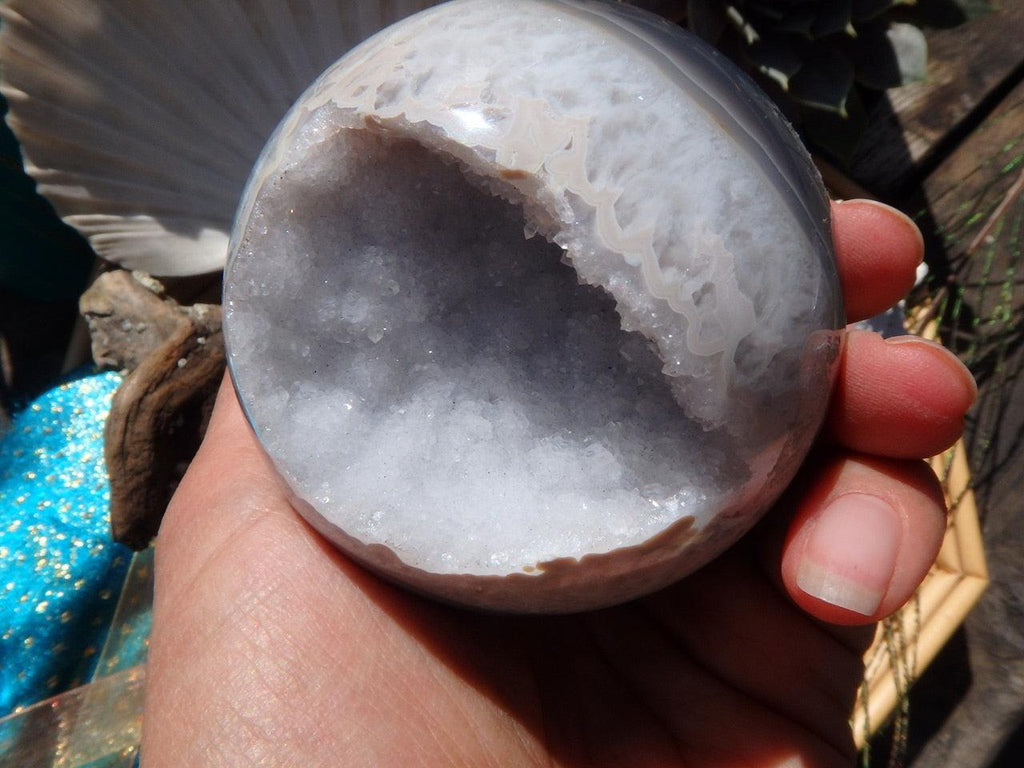 Incredible Sparkle! White Agate Druzy & Blue GEODE SPHERE From Uruguay (Includes Free Stand) - Earth Family Crystals