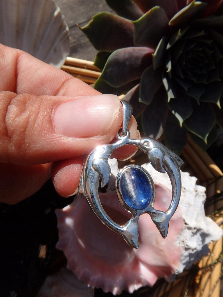 Polished Blue Kyanite Double Dolphin Gemstone Pendant In Sterling Silver (Includes Free Silver Chain) - Earth Family Crystals