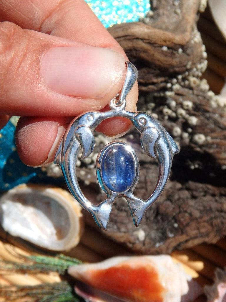 Polished Blue Kyanite Double Dolphin Gemstone Pendant In Sterling Silver (Includes Free Silver Chain) - Earth Family Crystals