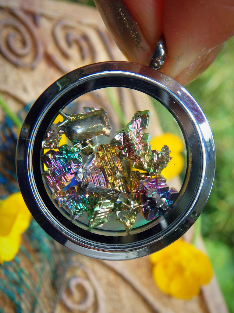 Rainbow Bismuth Floating in Locket Style Stainless Steel Pendant (Includes Silver Chain) - Earth Family Crystals