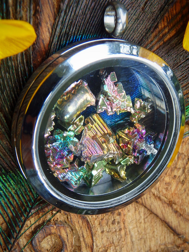 Rainbow Bismuth Floating in Locket Style Stainless Steel Pendant (Includes Silver Chain) - Earth Family Crystals