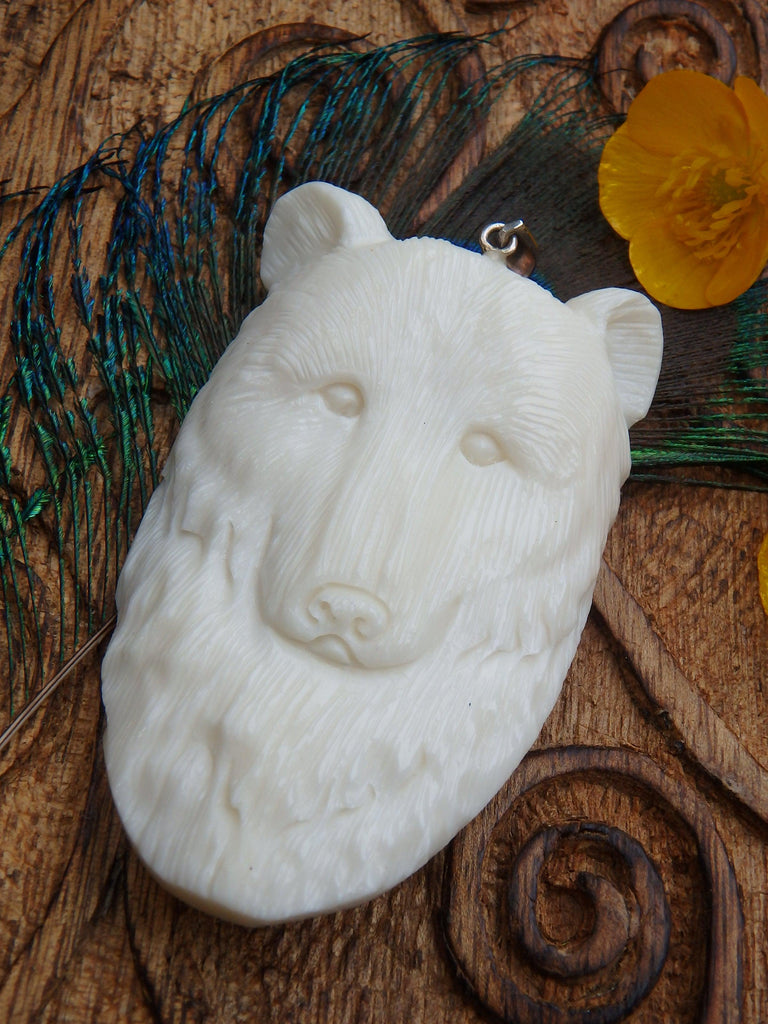 Intricately Carved Majestic Bear in Bone Pendant (Includes Silver Chain) - Earth Family Crystals