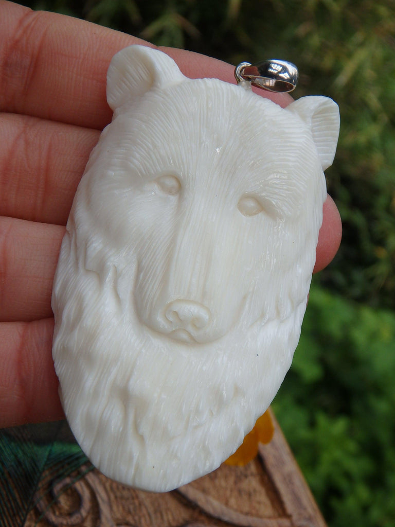 Intricately Carved Majestic Bear in Bone Pendant (Includes Silver Chain) - Earth Family Crystals
