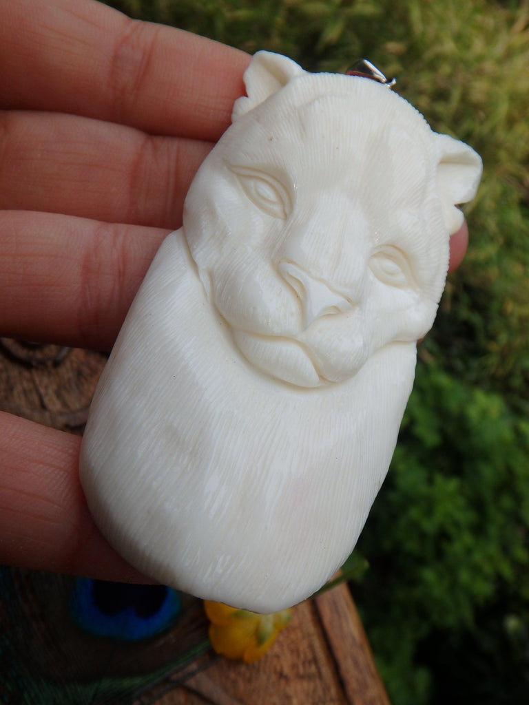 Intricately Carved Beautiful Cougar in Bone Pendant (Includes Silver Chain) - Earth Family Crystals