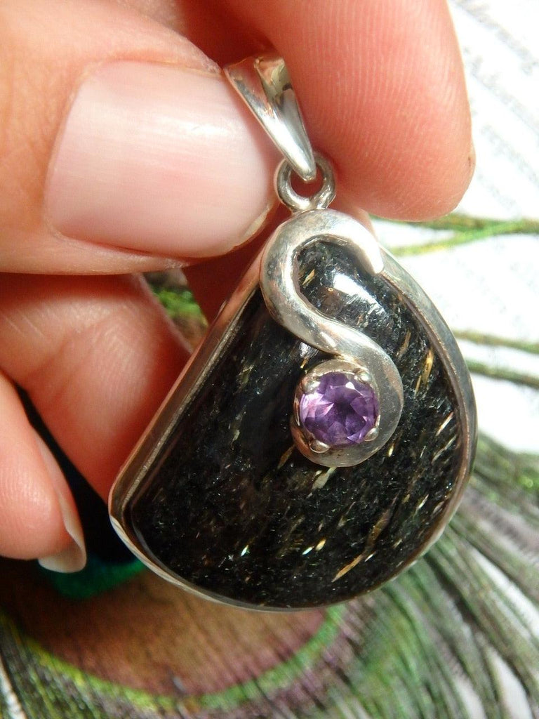 Fantastic Beauty! Golden Flash Nuummite & Amethyst Gemstone Pendant In Sterling Silver (Includes Silver Chain) - Earth Family Crystals