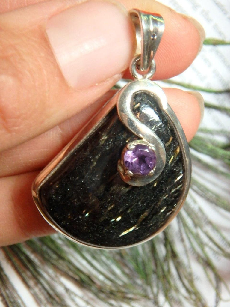 Fantastic Beauty! Golden Flash Nuummite & Amethyst Gemstone Pendant In Sterling Silver (Includes Silver Chain) - Earth Family Crystals