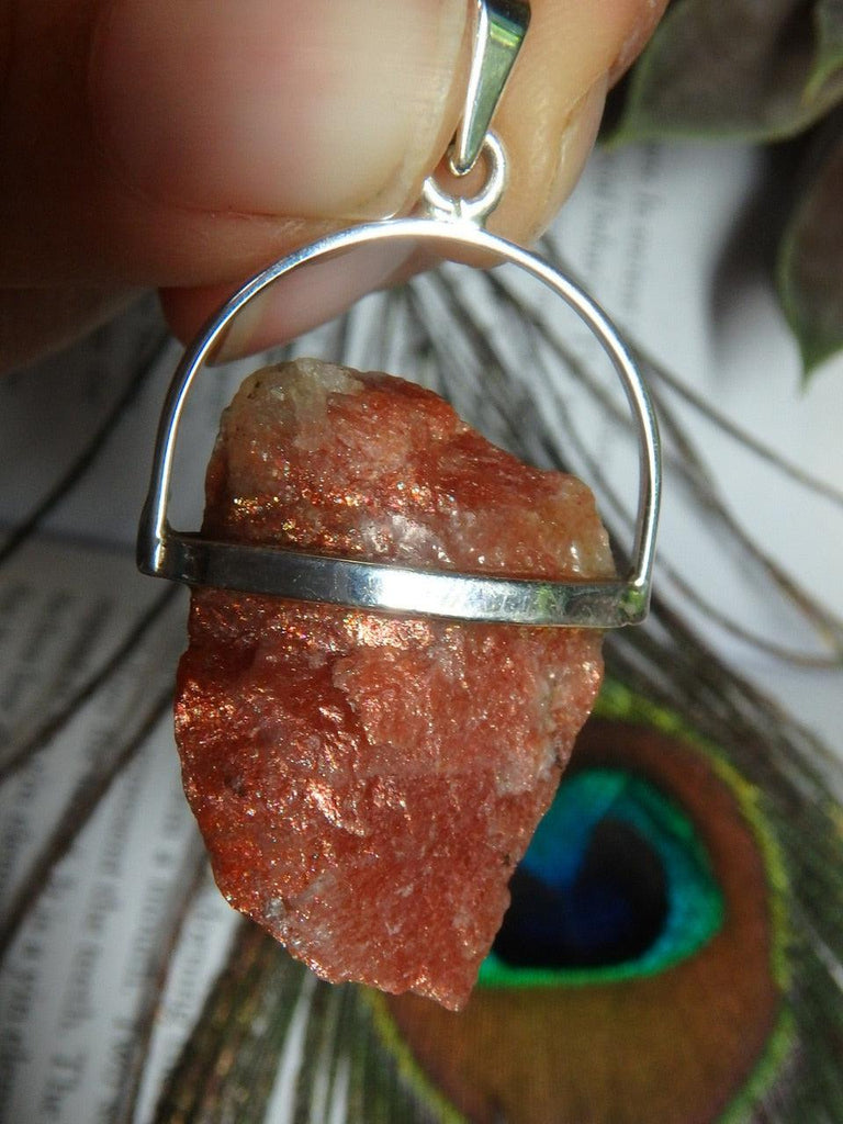 Raw Shimmering Orange Sunstone Pendant In Sterling Silver (Includes Silver Chain) - Earth Family Crystals