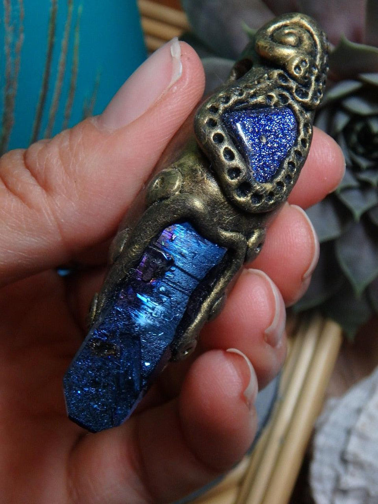 Royal Blue TITANIUM QUARTZ & Midnight Blue Goldstone Handmade Energy Pendant (Includes cotton cord) - Earth Family Crystals