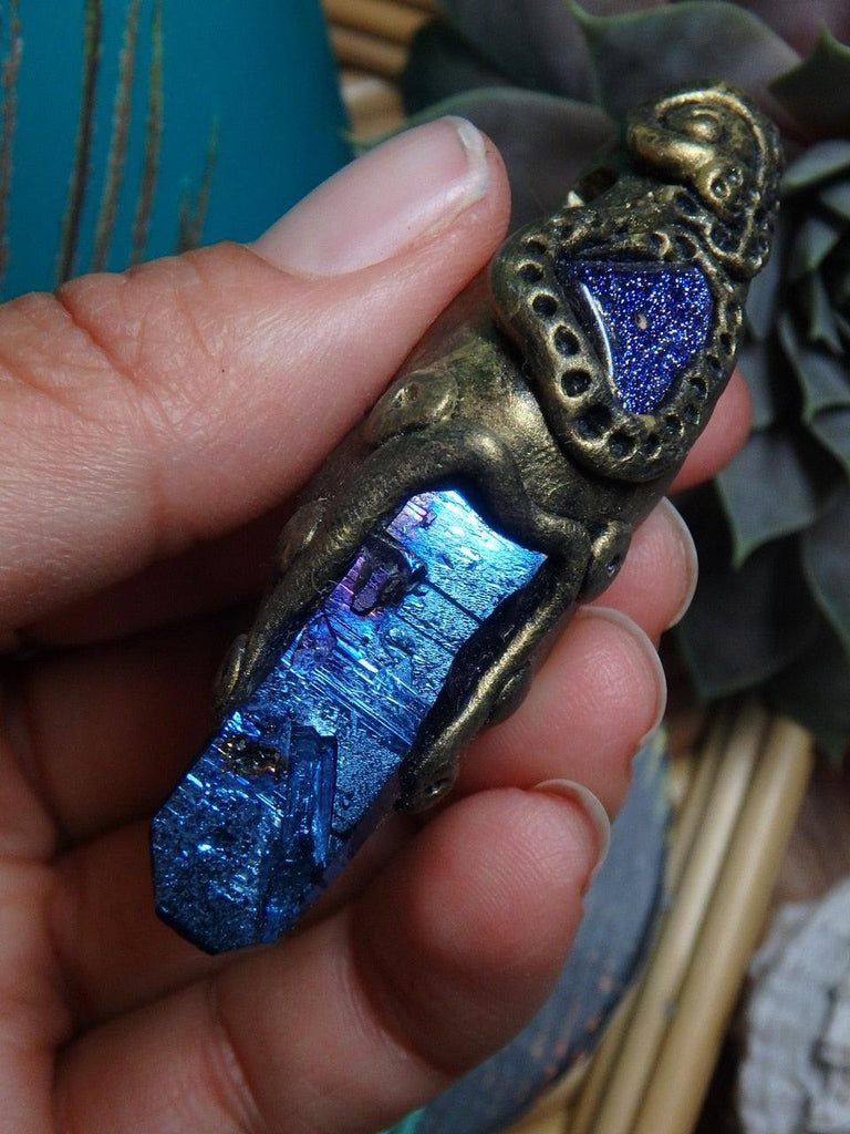 Royal Blue TITANIUM QUARTZ & Midnight Blue Goldstone Handmade Energy Pendant (Includes cotton cord) - Earth Family Crystals