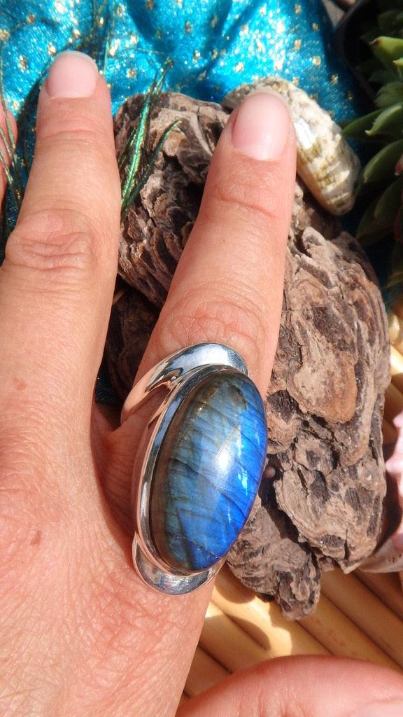 Large & Chunky Mega Midnight Blue Flash Labradorite Gemstone Ring In Sterling Silver (Size 8.5) - Earth Family Crystals