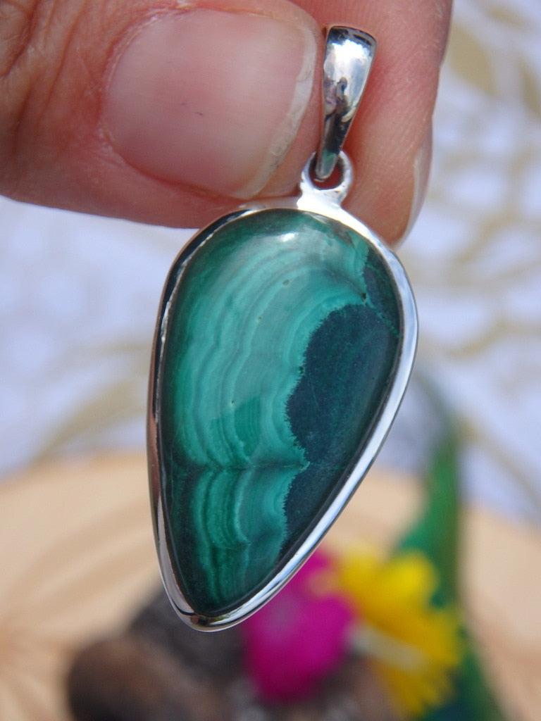 Perfect Green Contrast Malachite Pendant In Sterling Silver (Includes Silver Chain) - Earth Family Crystals