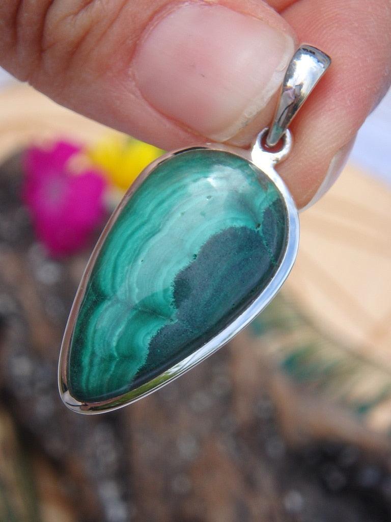 Perfect Green Contrast Malachite Pendant In Sterling Silver (Includes Silver Chain) - Earth Family Crystals