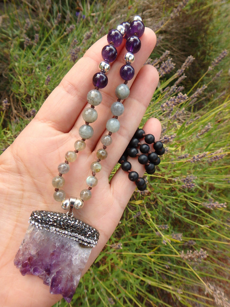 Beautiful Labradorite, Amethyst &  Obsidian Beads Long Necklace With Floating Amethyst Pendant - Earth Family Crystals