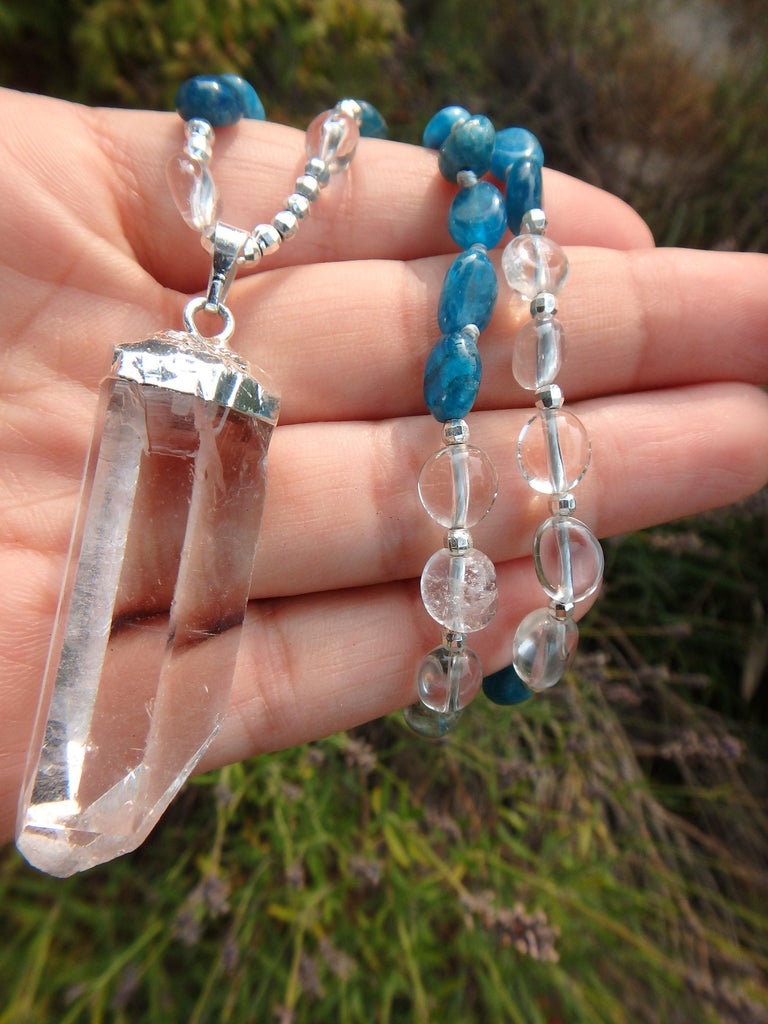 Fabulous Blue Apatite & Clear Quartz Beads Long Necklace With Floating Clear Quartz Pendant - Earth Family Crystals