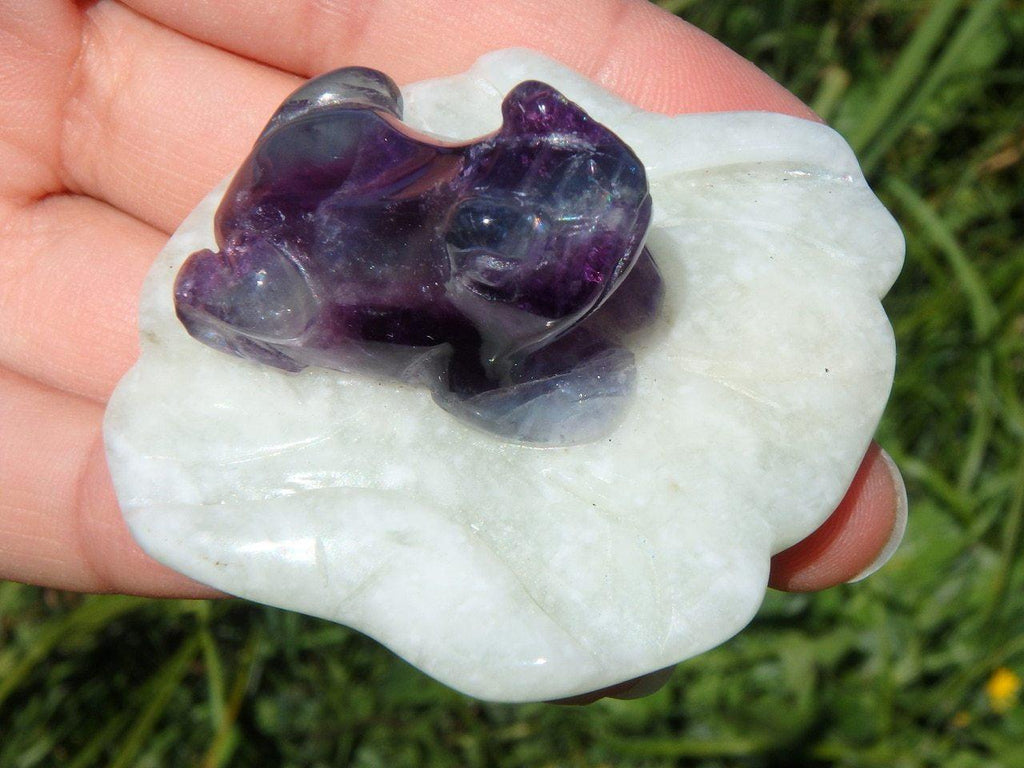 Dark Purple & Aqua Blue FLUORITE FROG On Mint GREEN JADE Lily Pad - Earth Family Crystals
