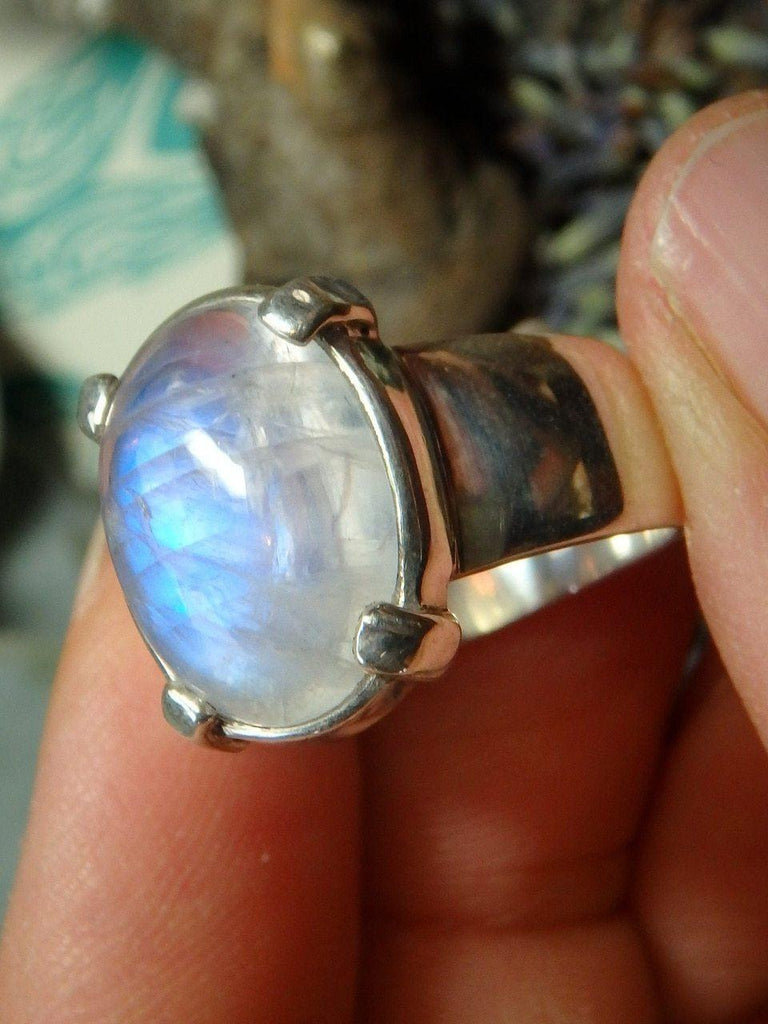 Beautiful Blue Flashes Rainbow Moonstone Ring In Sterling Silver (Size 7) - Earth Family Crystals