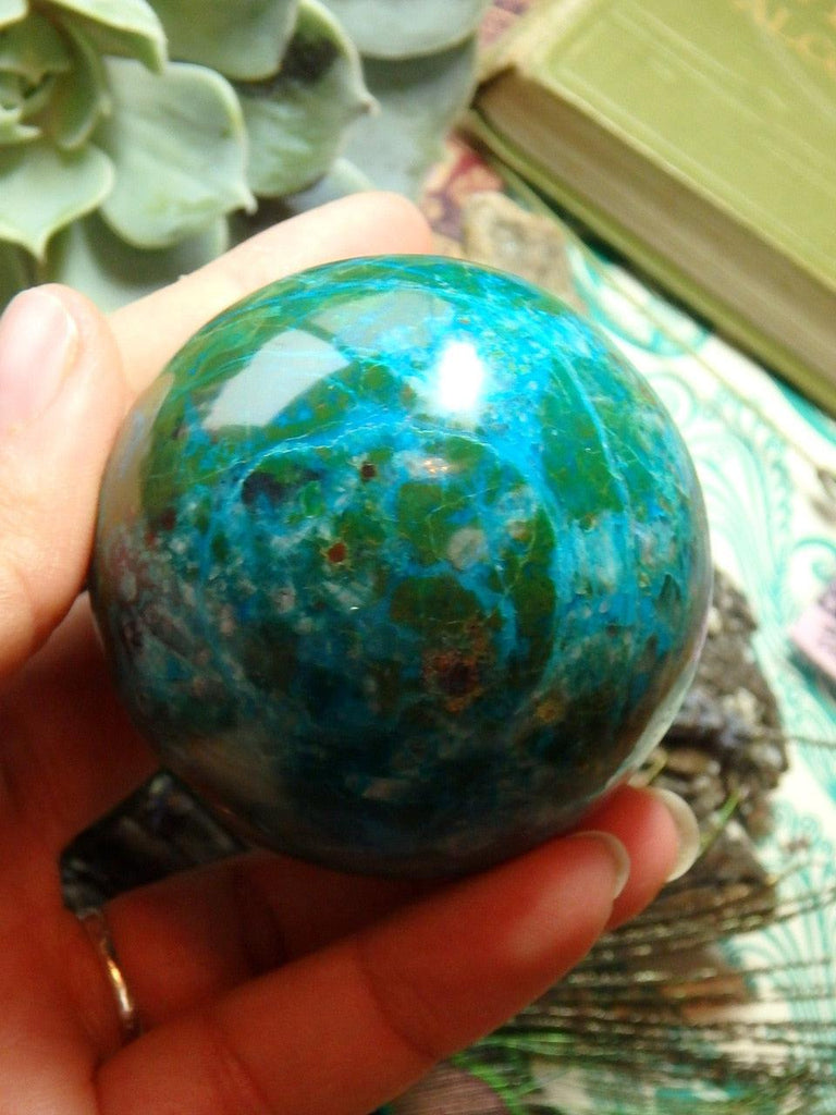 Robin Egg Blue Swirls Chrysocolla Sphere With Red Jasper & Malachite Inclusions - Earth Family Crystals