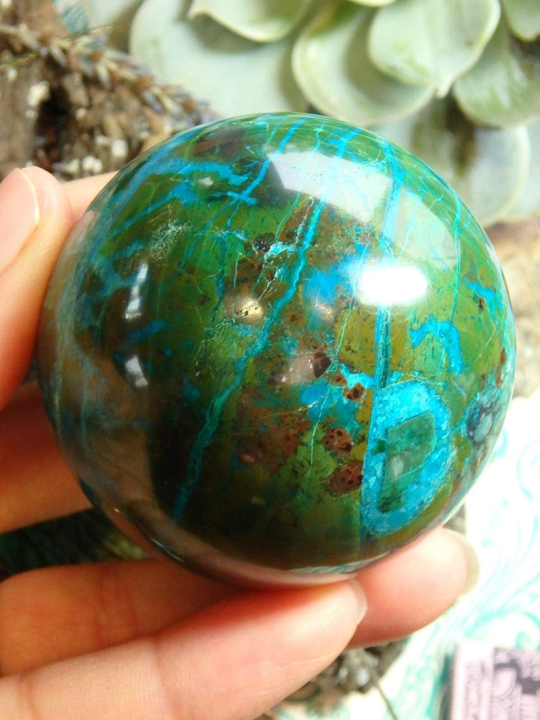 Robin Egg Blue Swirls Chrysocolla Sphere With Red Jasper & Malachite Inclusions - Earth Family Crystals