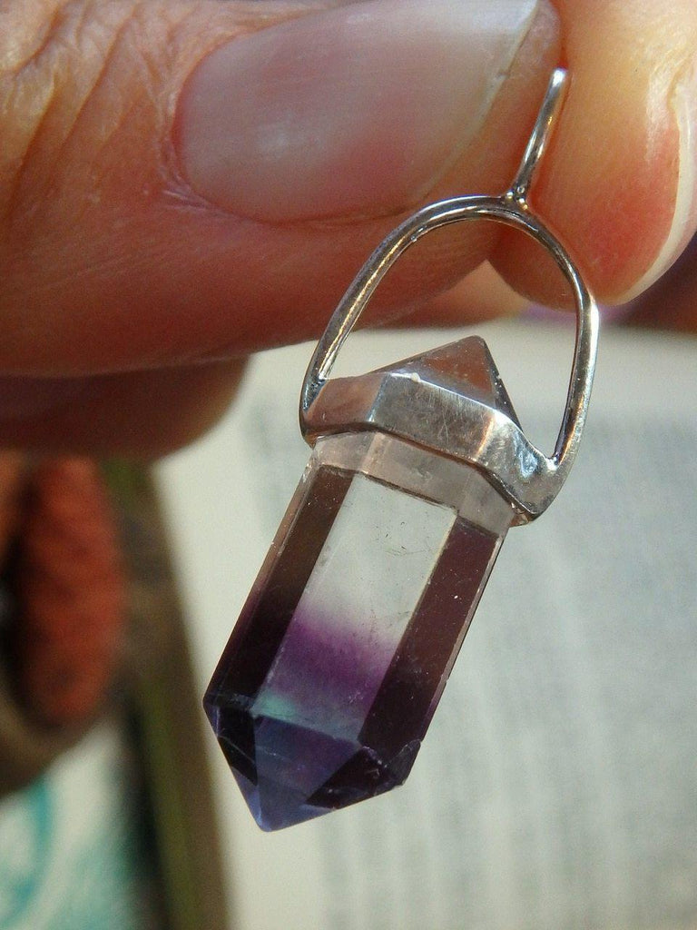 Aqua Blue, Purple & Clear Double Terminated RAINBOW FLUORITE GEMSTONE PENDANT In Sterling Silver (Includes Silver Chain) - Earth Family Crystals