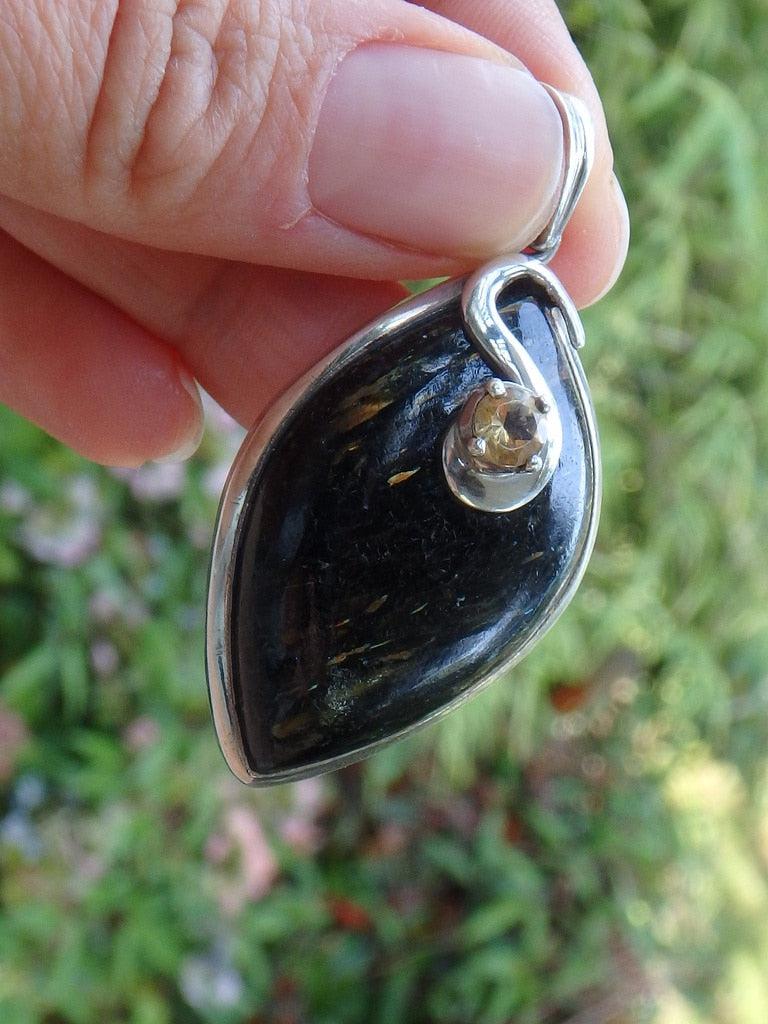 RESERVED FOR DANIELLE~Golden Citrine & Flashes Greenland Nuummite Gemstone Pendant In Sterling Silver  (Includes Silver Chain) - Earth Family Crystals