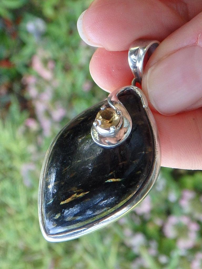 RESERVED FOR DANIELLE~Golden Citrine & Flashes Greenland Nuummite Gemstone Pendant In Sterling Silver  (Includes Silver Chain) - Earth Family Crystals