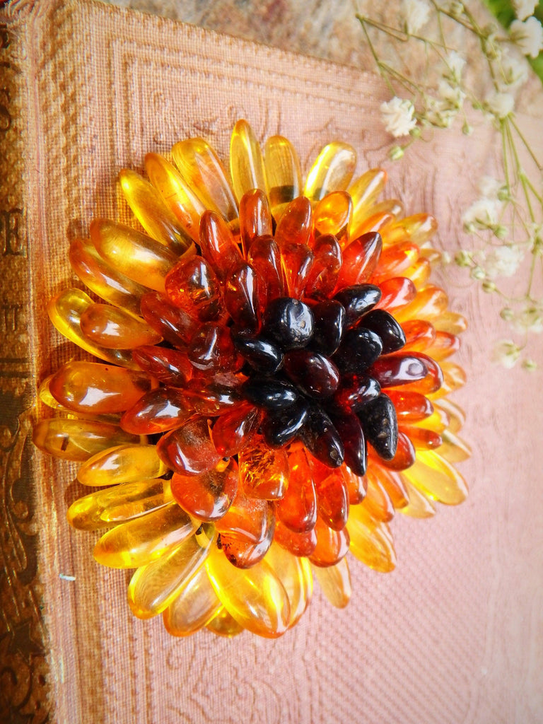 Uplifting Baltic Amber Flower Crochet Brooch 3 - Earth Family Crystals